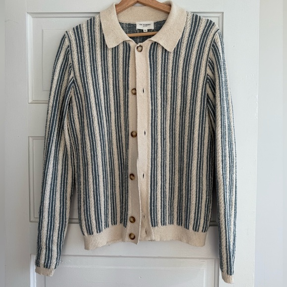 Octobre Editions (Sezane) Alessio Men's Striped Cardigan - Blue and Cream - Picture 4 of 8